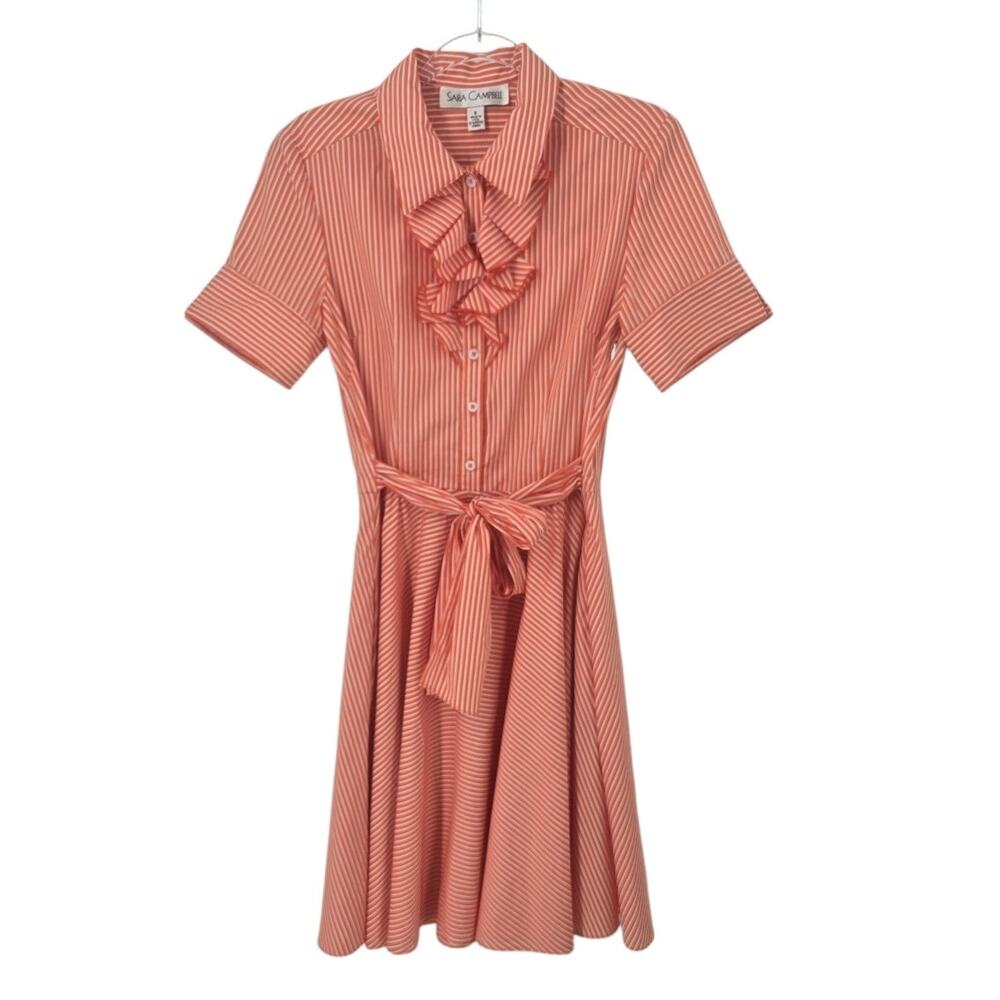 Sara Campbell Shirt Dress Orange White Stripe Ruffle Tie Waist Full Skirt Size 8